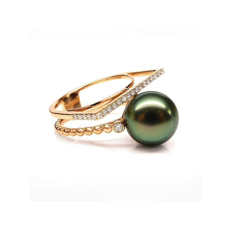 Anello perla di Tahiti, Oro giallo, diamanti - Saperlipopette - 8