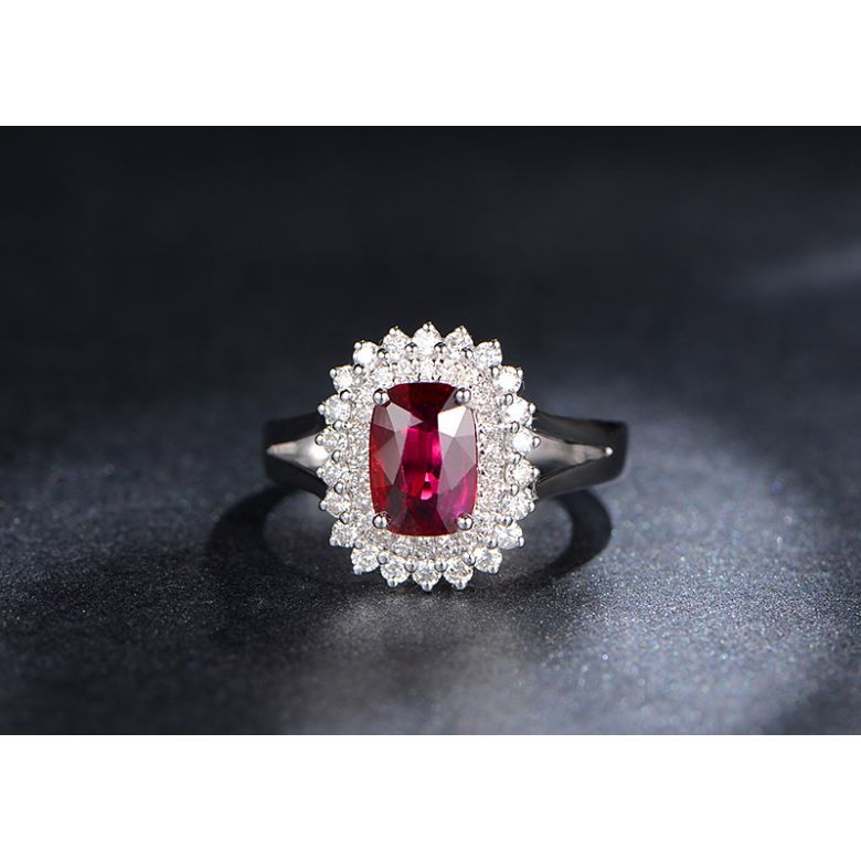 Anello Scintillante - Oro Bianco, Rubino Cuscino & Diamanti - 5