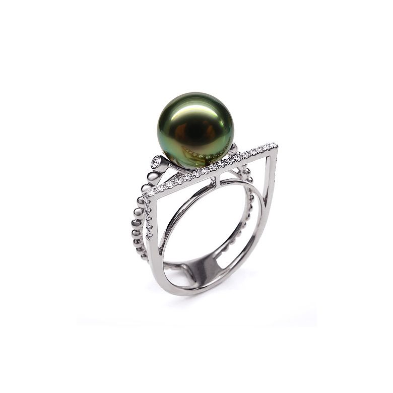 Anello perla di Tahiti, Oro bianco, diamanti - Saperlipopette - 10