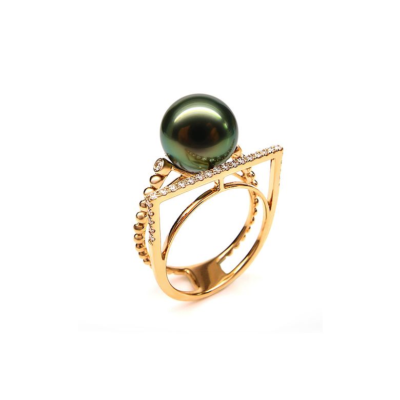 Anello perla di Tahiti, Oro giallo, diamanti - Saperlipopette - 6