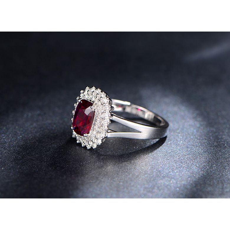 Anello Scintillante - Oro Bianco, Rubino Cuscino & Diamanti - 4