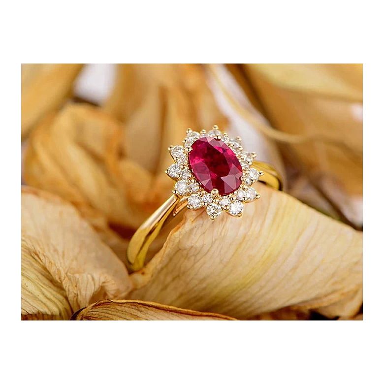 Anello Di Fidanzamento Flora - Oro Giallo, Diamanti & Rubino Ovale - 2