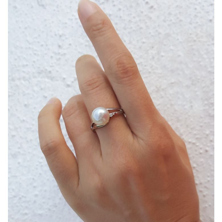 Anello Feuilles de Style - Oro Bianco 18kt e Perla d'Acqua Dolce - 4