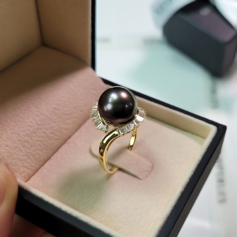 Anello Couronne - Oro Giallo, Diamanti e Perla di Tahiti - 7