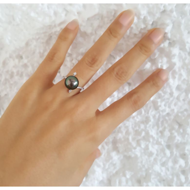 Anello Sous le Vent - Oro Bianco, Diamanti e Perla di Tahiti - 6