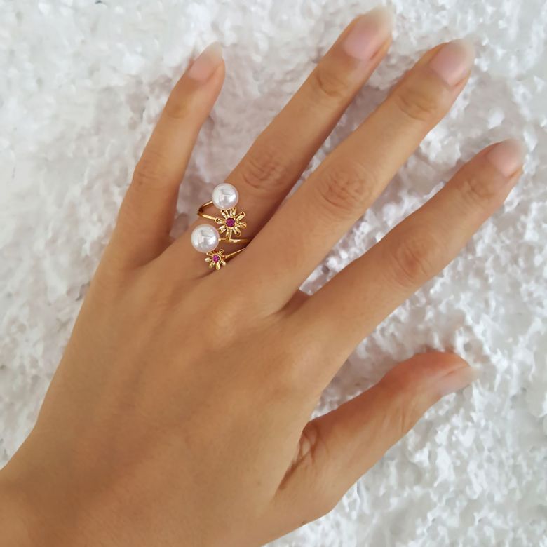 Anello oro giallo Toi et Moi Perla Akoya. Fiori, Zaffiri rosa - 5