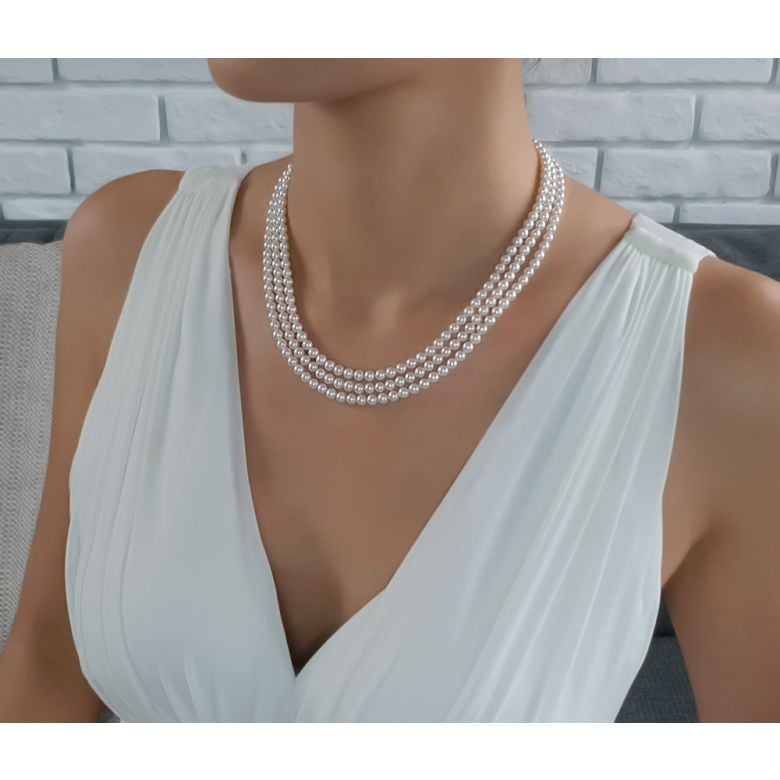 Collana A Tre Fili Chabada - Perle d'Acqua Dolce Bianche - 5/5.5mm, AAA - 6