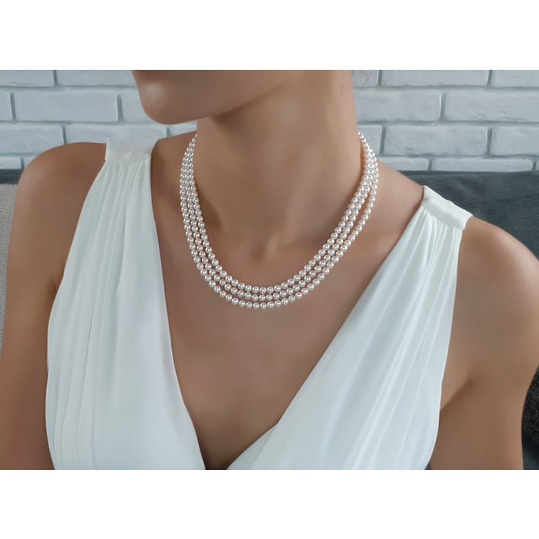 Collana A Tre Fili Chabada - Perle d'Acqua Dolce Bianche - 5/5.5mm, AAA - 7