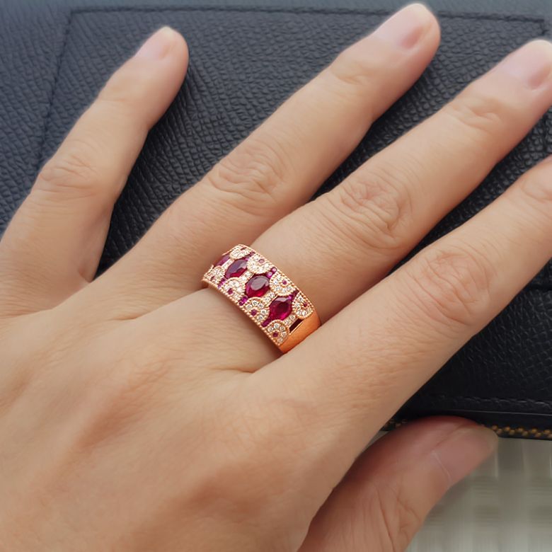 Anello Orientale a Paris - Oro Giallo, Riviera Mezzo Giro di Rubini e Diamanti - 7