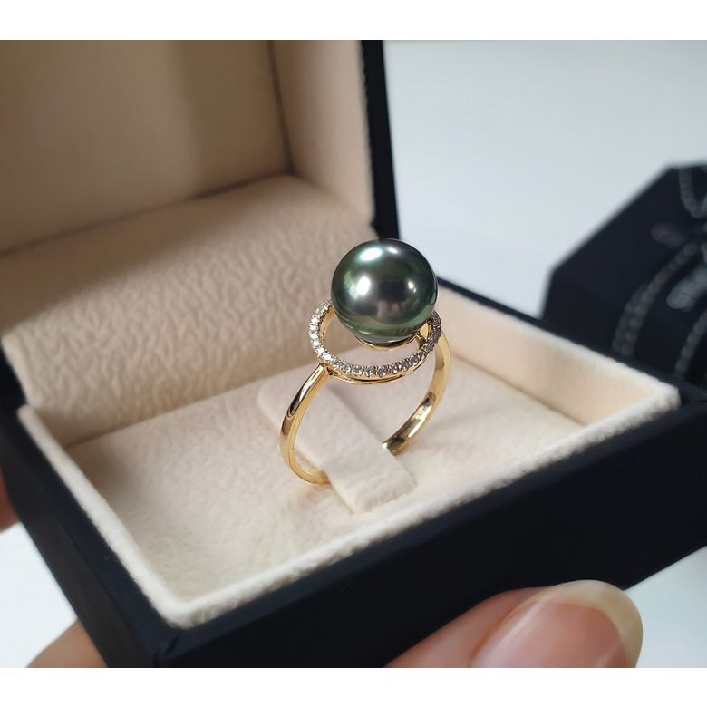 Anello Madagascar - Oro Giallo, Diamanti e Perla di Tahiti - 8