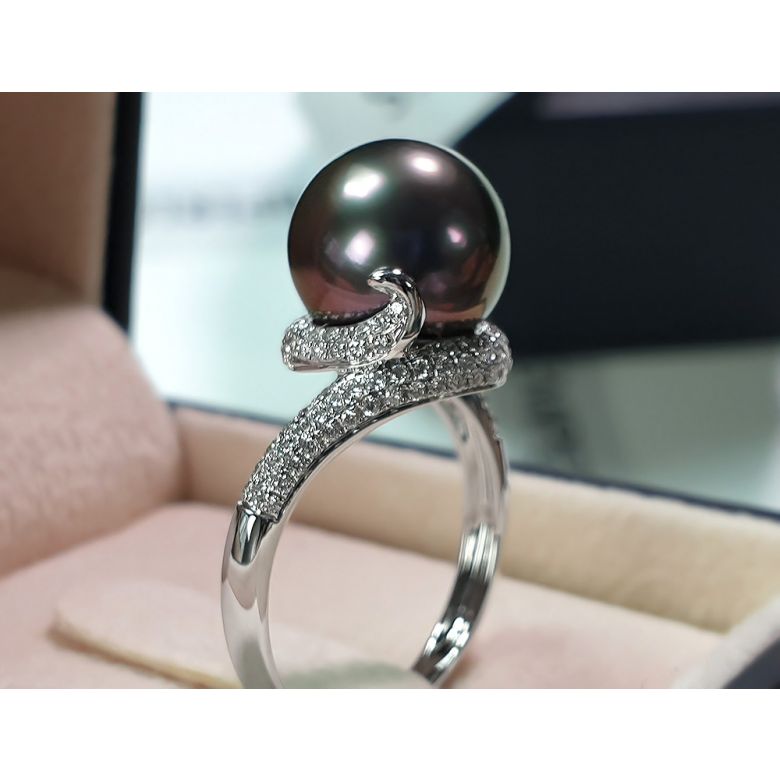 Anello Guyanes - Oro Bianco, Diamanti e Perla di Tahiti - 2
