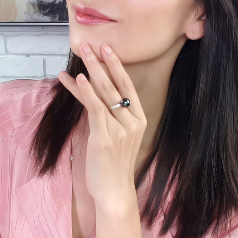 Anello Humboldt - Oro Bianco, Diamanti e Perla di Tahiti - 2