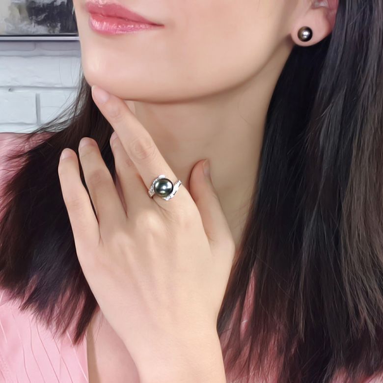 Anello Santa Luzia - Oro Bianco, Diamanti e Perla di Tahiti - 7