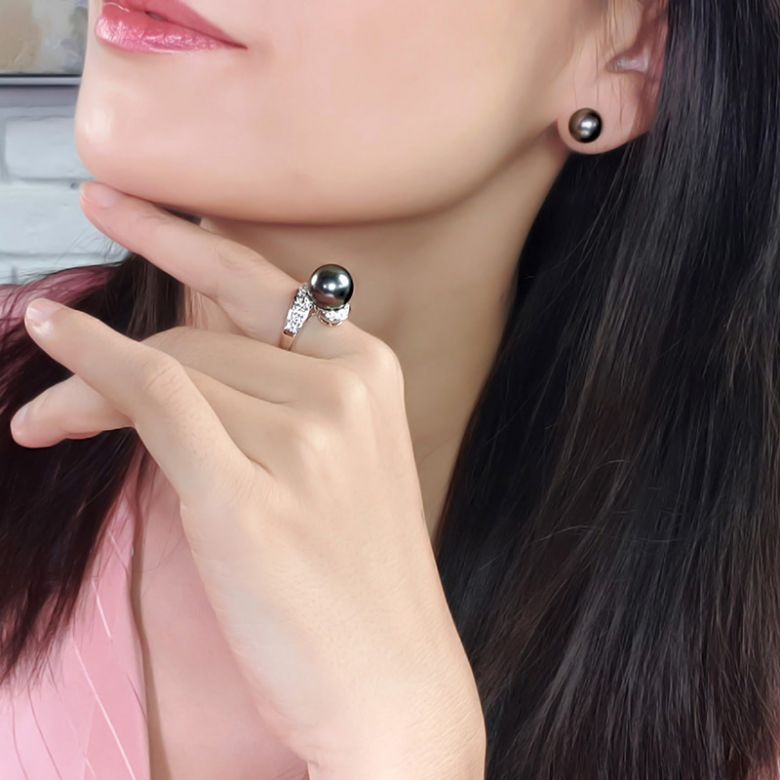 Anello Santa Luzia - Oro Bianco, Diamanti e Perla di Tahiti - 8