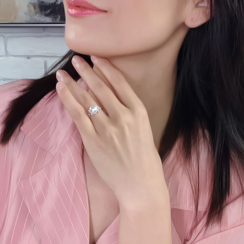 Anello Kiku - Oro Bianco, Diamanti e Perla Akoya Bianca - 4