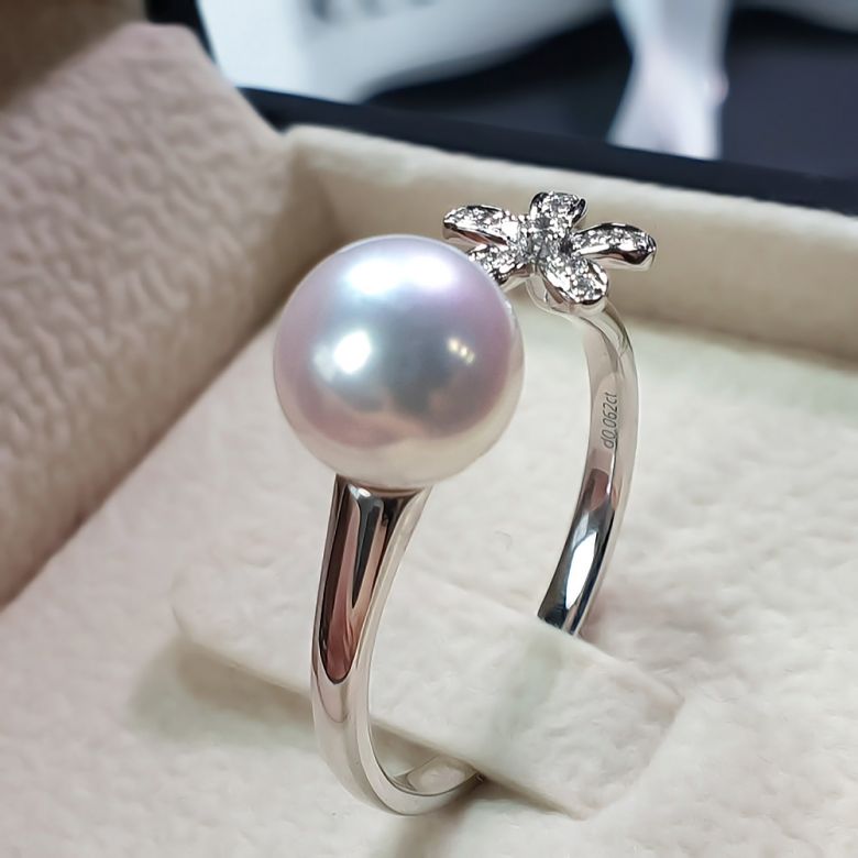 Anello Ko No Hana - Oro Bianco, Diamanti e Perla Akoya - 4