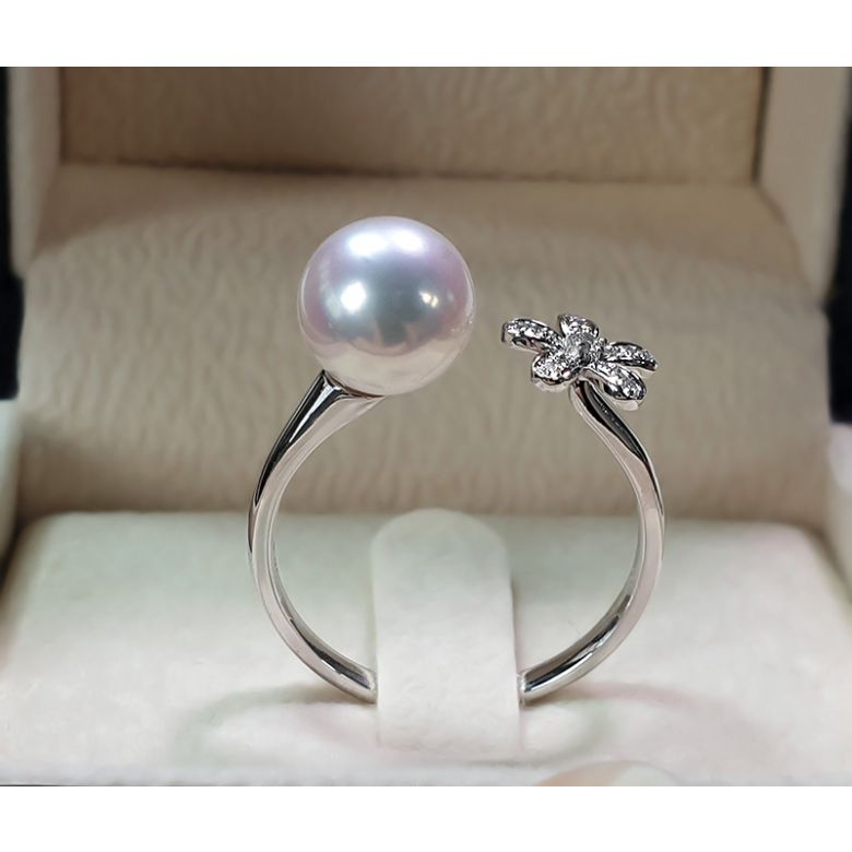 Anello Ko No Hana - Oro Bianco, Diamanti e Perla Akoya - 6
