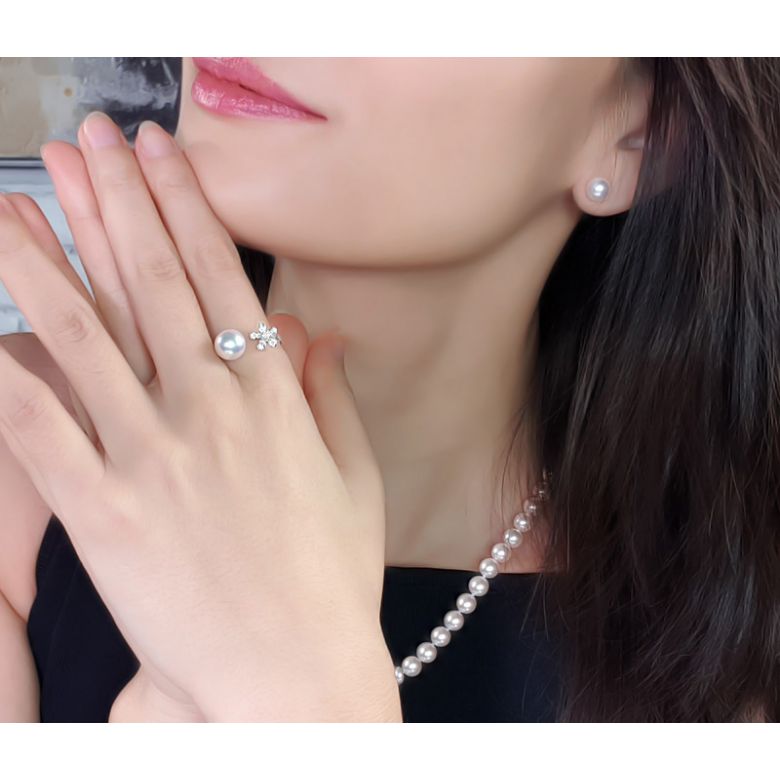 Anello Ko No Hana - Oro Bianco, Diamanti e Perla Akoya - 7