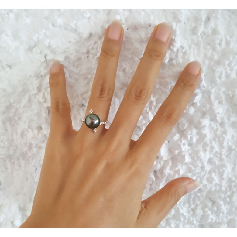 Anello Sous le Vent - Oro Bianco, Diamanti e Perla di Tahiti - 5
