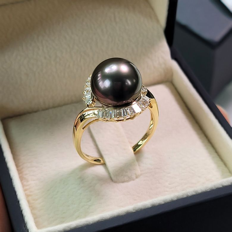 Anello Couronne - Oro Giallo, Diamanti e Perla di Tahiti - 8