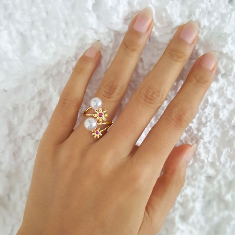 Anello oro giallo Toi et Moi Perla Akoya. Fiori, Zaffiri rosa - 2