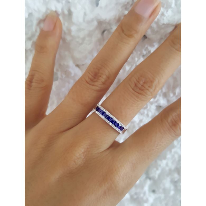 Anello Luce Blu - Oro Bianco, Riviera di Zaffiri Princess a Binario & Diamanti - 9