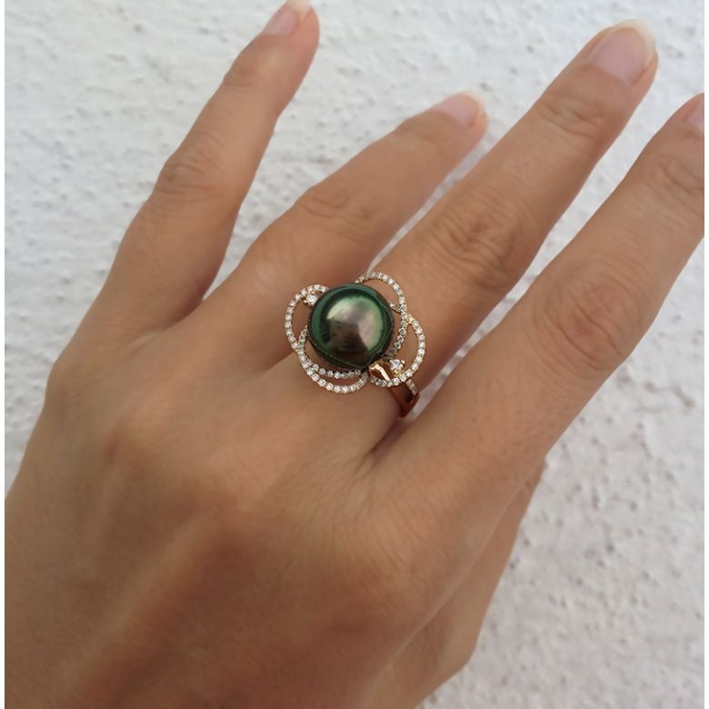 Anello Floride - Oro Bianco, Diamanti e Perla di Tahiti - 4