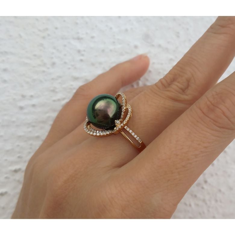 Anello Floride - Oro Bianco, Diamanti e Perla di Tahiti - 6