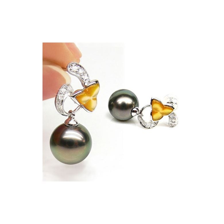 Orecchini nacre doree - Perles de Tahiti - Oro bianco, diamanti  - 2