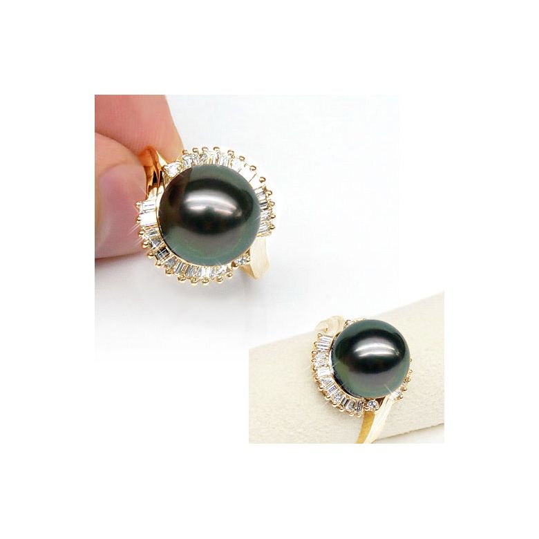 Anello Couronne - Oro Giallo, Diamanti e Perla di Tahiti - 2