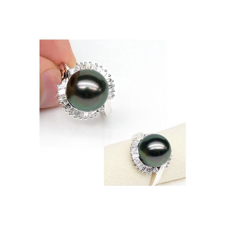 Anello Couronne - Oro Bianco, Diamanti e Perla di Tahiti - 1