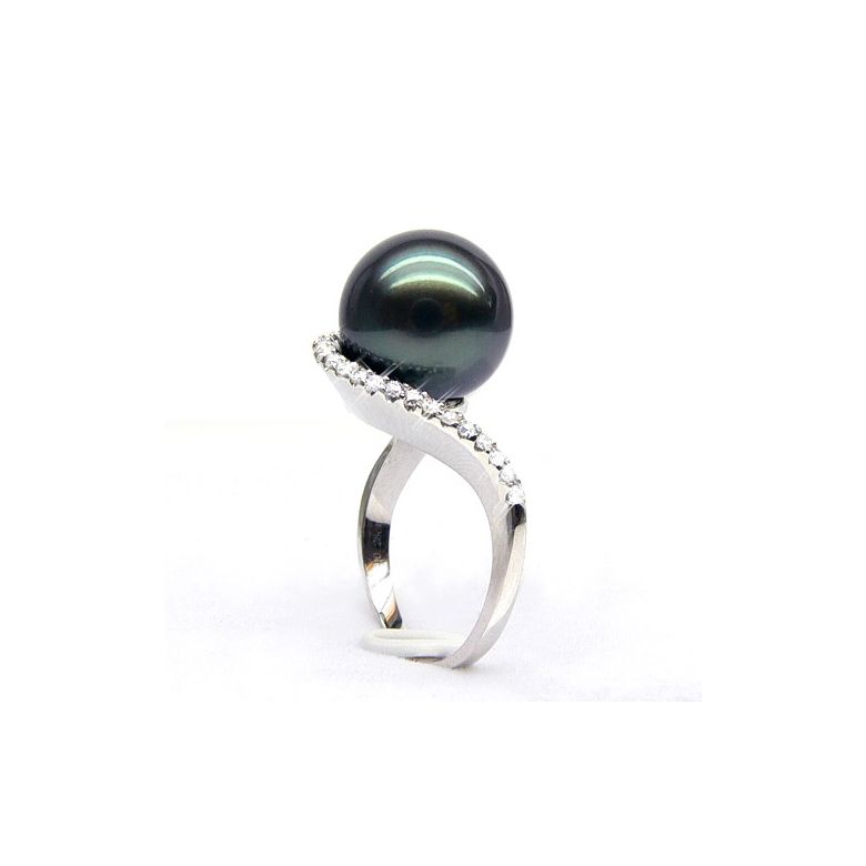 Anello Bora Bora - Oro Bianco, Diamanti e Perla di Tahiti - 1