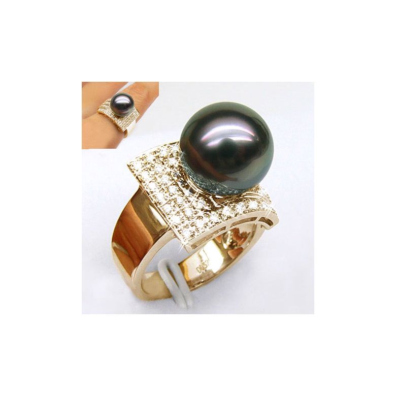 Anello Santiago - Oro Giallo, Diamanti e Perla di Tahiti - 2
