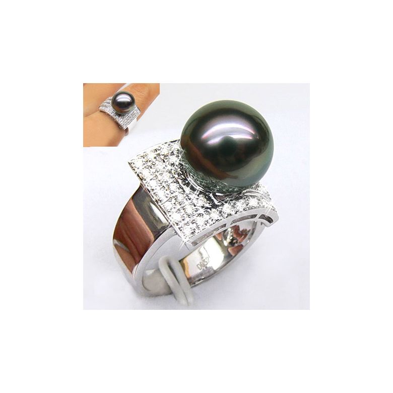 Anello Staniel - Oro Bianco, Diamanti e Perla di Tahiti - 2