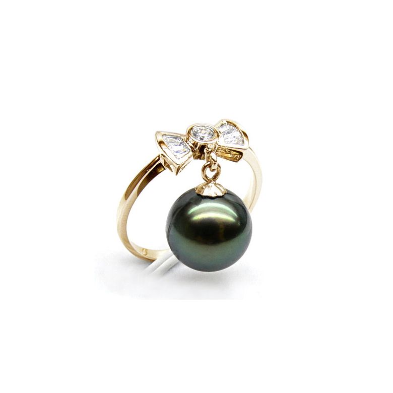 Anello Nodo Farfalla - Oro Giallo, Diamanti e Perla di Tahiti - 1