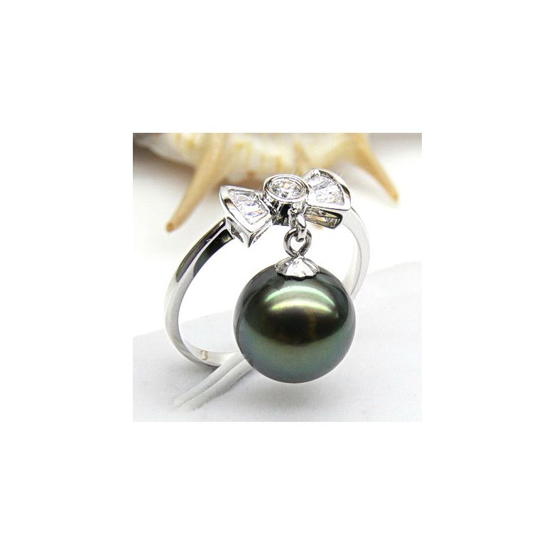 Anello Nodo Farfalla - Oro Bianco, Diamanti e Perla di Tahiti - 2