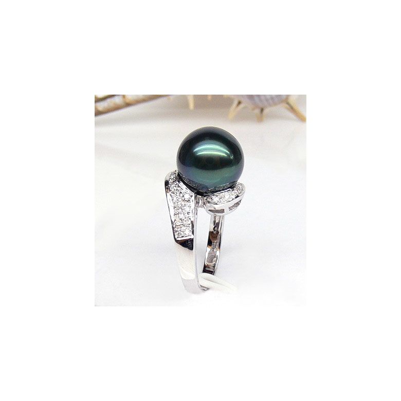 Anello Santa Luzia - Oro Bianco, Diamanti e Perla di Tahiti - 4