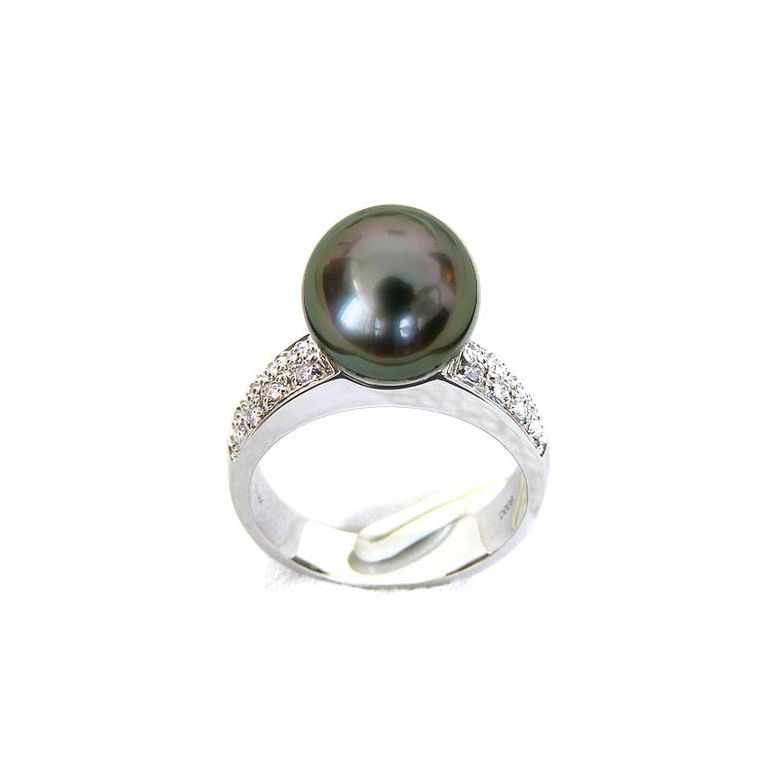 Anello Classico - Oro Bianco, Diamanti e Perla di Tahiti - 2
