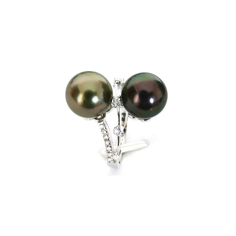 Anello Crooked - Oro Bianco, Diamanti e Perla di Tahiti - 1
