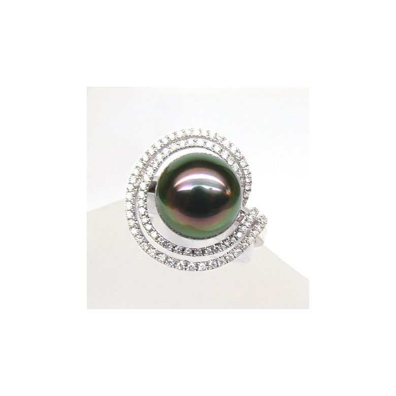 Anello Mariannes - Oro Bianco, Diamanti e Perla di Tahiti - 2