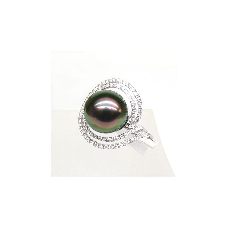 Anello Mariannes - Oro Bianco, Diamanti e Perla di Tahiti - 3