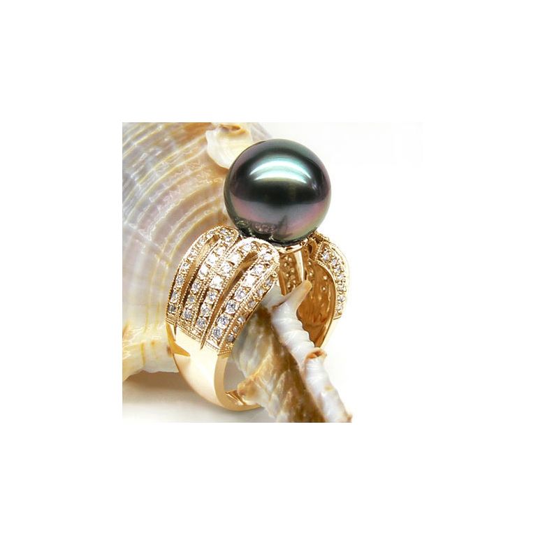 Anello Walker - Oro Giallo, Diamanti e Perla di Tahiti - 2