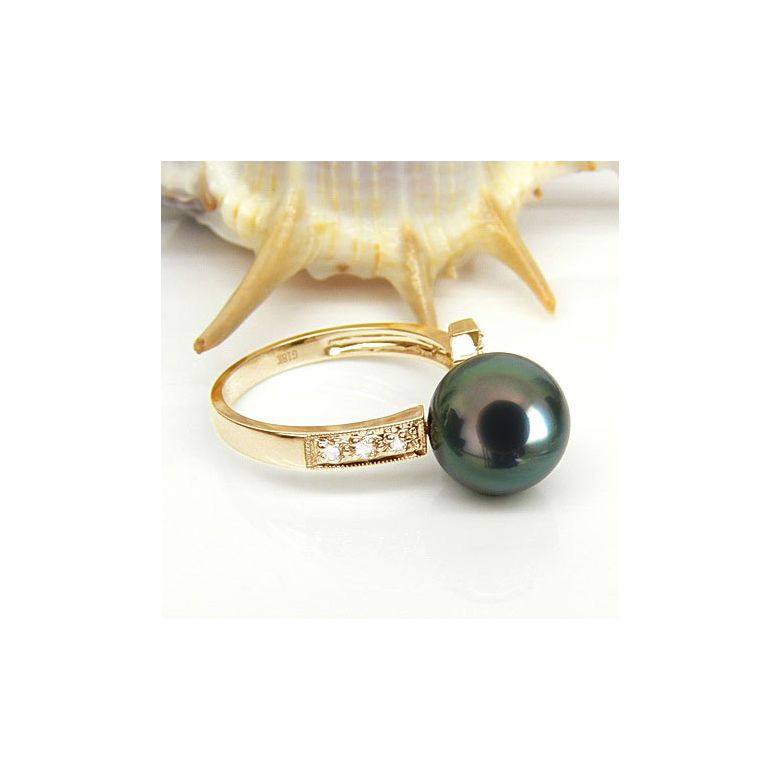 Anello Croce - Oro Giallo, Diamanti e  Perla di Tahiti Nera - 3