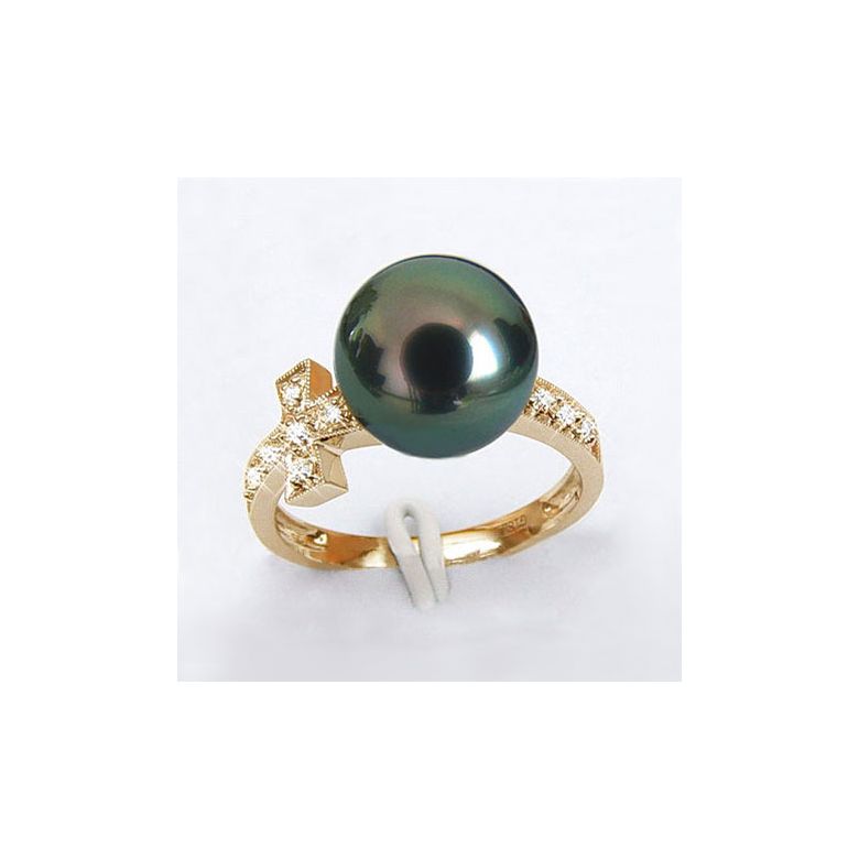 Anello Croce - Oro Giallo, Diamanti e  Perla di Tahiti Nera - 2