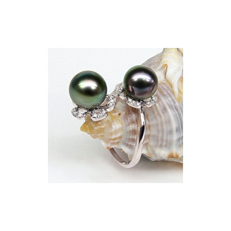 Anello Branco - Oro Bianco, Diamanti e Perle di Tahiti - 2