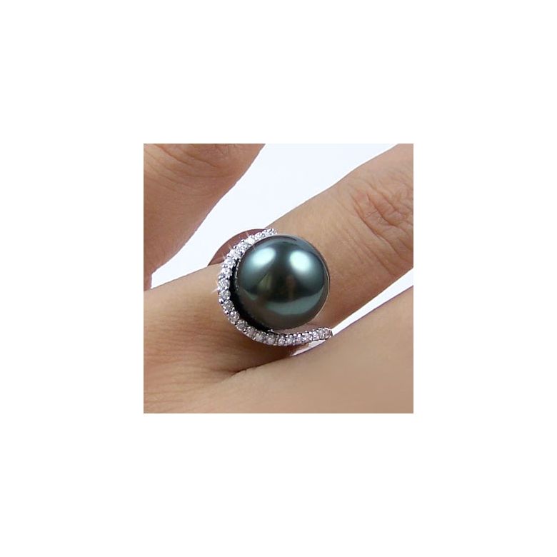Anello Bora Bora - Oro Bianco, Diamanti e Perla di Tahiti - 5