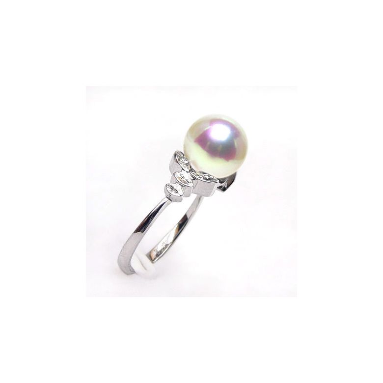 Anello Kiku - Oro Bianco, Diamanti e Perla Akoya Bianca - 2