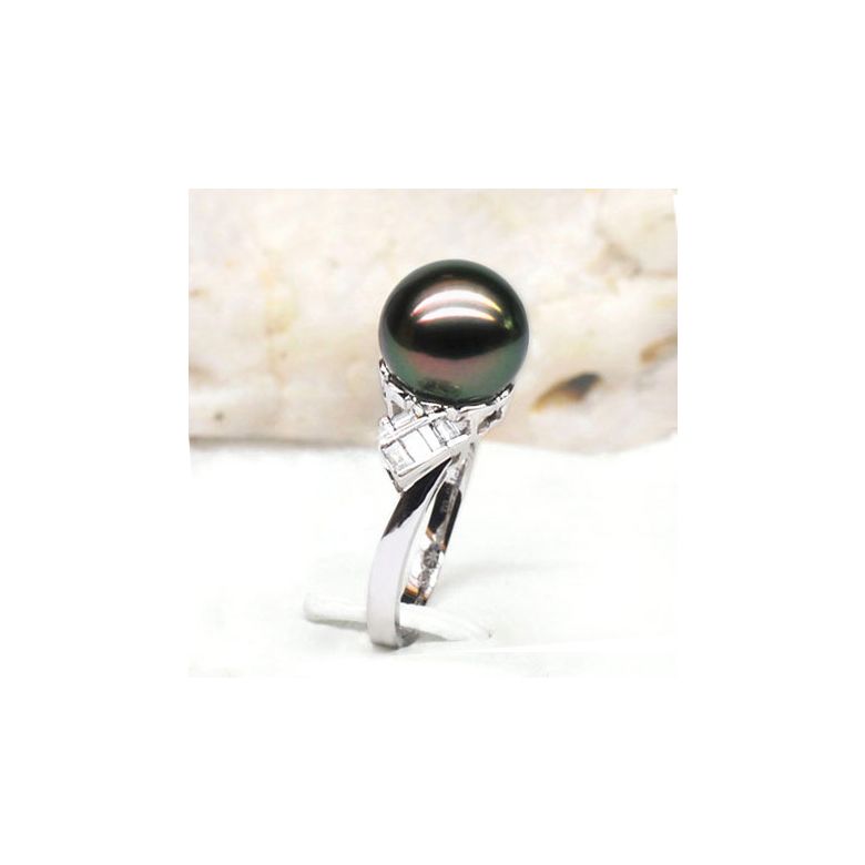 Anello Java - Oro Bianco, Diamanti e Perla di Tahiti - 2