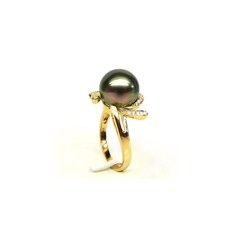 Anello Fiore - Oro Giallo, Diamanti e Perla di Tahiti - 3