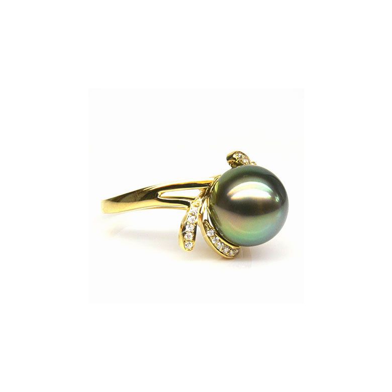 Anello Fiore - Oro Giallo, Diamanti e Perla di Tahiti - 4